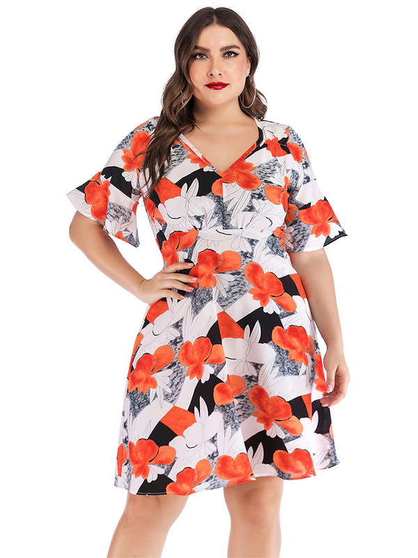 2022 Liela izmēra sieviešu apģērbi ar īsām piedurknēm V kakla izgriezumā, puķu ballīšu kleitas Vasaras ielas modes ikdienišķa mini kleita