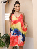 GIBSIE Plus Size V-Neck Tie Dye Dual Pocket Cami φόρεμα Γυναικεία casual καλοκαιρινά φορέματα midi 2022 Κορεάτικη μόδα Loose Vestidos