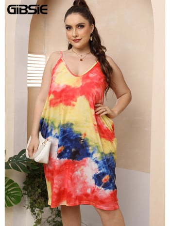 GIBSIE Plus Size V-Neck Tie Dye Dual Pocket Cami φόρεμα Γυναικεία casual καλοκαιρινά φορέματα midi 2022 Κορεάτικη μόδα Loose Vestidos