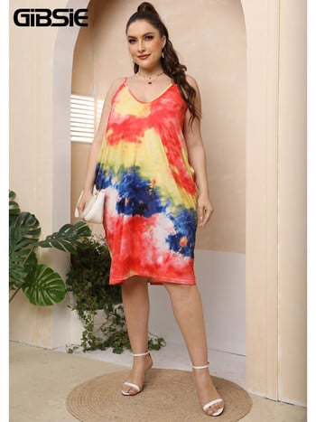 GIBSIE Plus Size V-Neck Tie Dye Dual Pocket Cami φόρεμα Γυναικεία casual καλοκαιρινά φορέματα midi 2022 Κορεάτικη μόδα Loose Vestidos