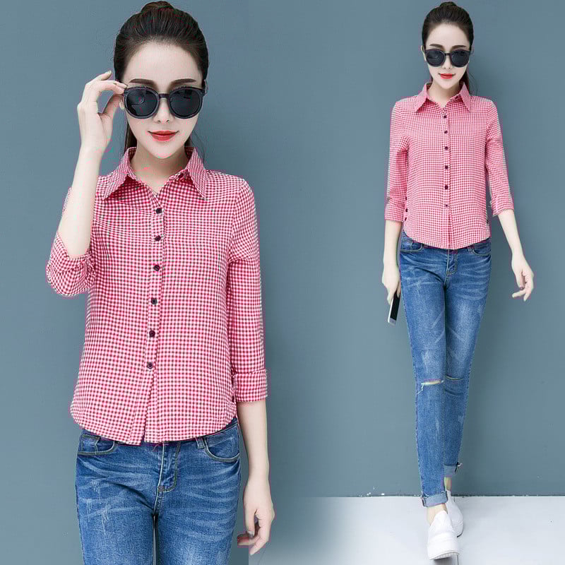 Naiste ruuduline puuvillased särgid Pluusid naistele vabaaja riided Allakraega pikkade varrukatega töösärk Naiste topid nööbiga pluus