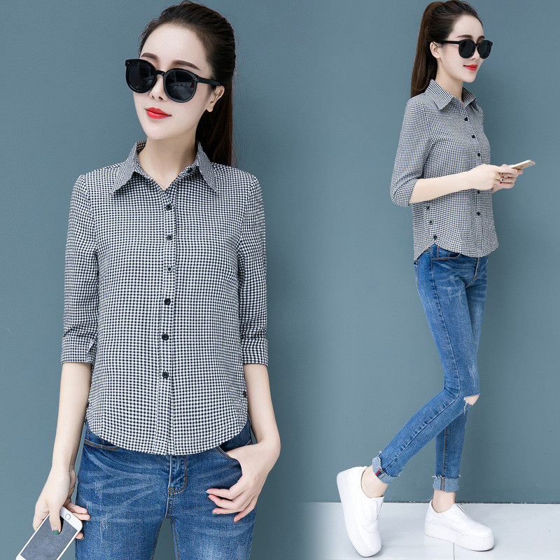 Naiste ruuduline puuvillased särgid Pluusid naistele vabaaja riided Allakraega pikkade varrukatega töösärk Naiste topid nööbiga pluus