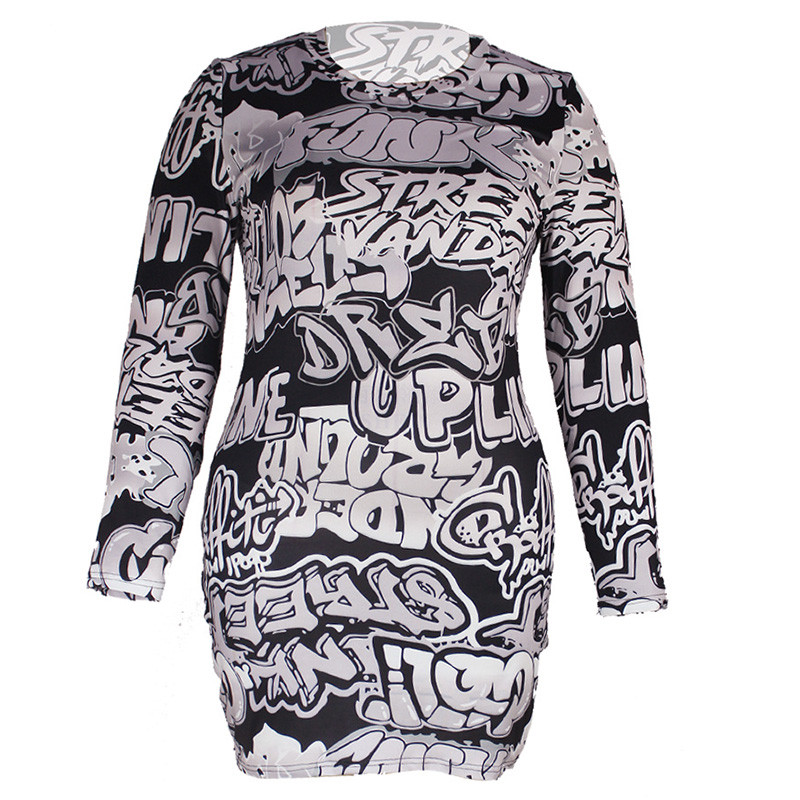 Elegáns, betűnyomásos hosszú ujjú, térdig érő szoknya divatos tavaszi nyári kerek nyakú fekete-fehér, nagy méretű női ruha