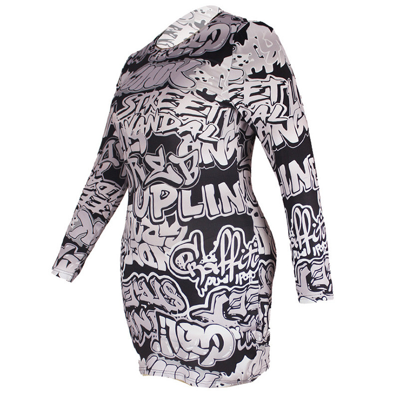 Elegáns, betűnyomásos hosszú ujjú, térdig érő szoknya divatos tavaszi nyári kerek nyakú fekete-fehér, nagy méretű női ruha