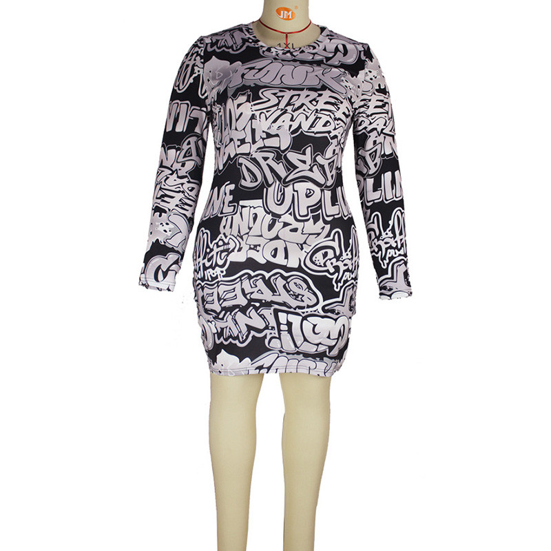 Elegáns, betűnyomásos hosszú ujjú, térdig érő szoknya divatos tavaszi nyári kerek nyakú fekete-fehér, nagy méretű női ruha