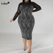 Vakara ballīte Sexy Perspective Splicing Bright Filament A-line svārki Club O-veida kaklam, garām piedurknēm, Slim Midi Bag Lielizmēra gurnu kleita