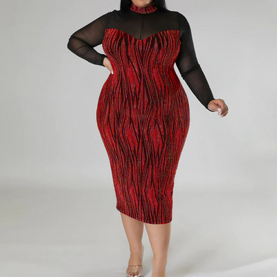 Vakara ballīte Sexy Perspective Splicing Bright Filament A-line svārki Club O-veida kaklam, garām piedurknēm, Slim Midi Bag Lielizmēra gurnu kleita