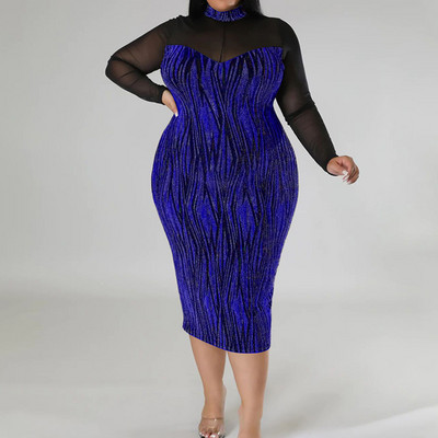 Vakara ballīte Sexy Perspective Splicing Bright Filament A-line svārki Club O-veida kaklam, garām piedurknēm, Slim Midi Bag Lielizmēra gurnu kleita