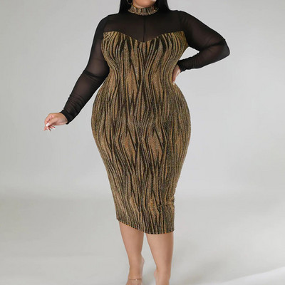 Vakara ballīte Sexy Perspective Splicing Bright Filament A-line svārki Club O-veida kaklam, garām piedurknēm, Slim Midi Bag Lielizmēra gurnu kleita