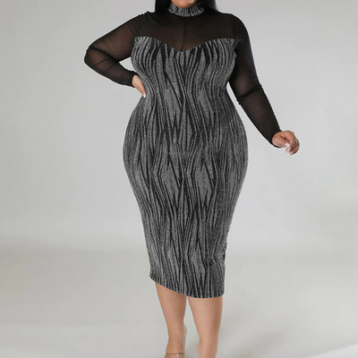 Vakara ballīte Sexy Perspective Splicing Bright Filament A-line svārki Club O-veida kaklam, garām piedurknēm, Slim Midi Bag Lielizmēra gurnu kleita