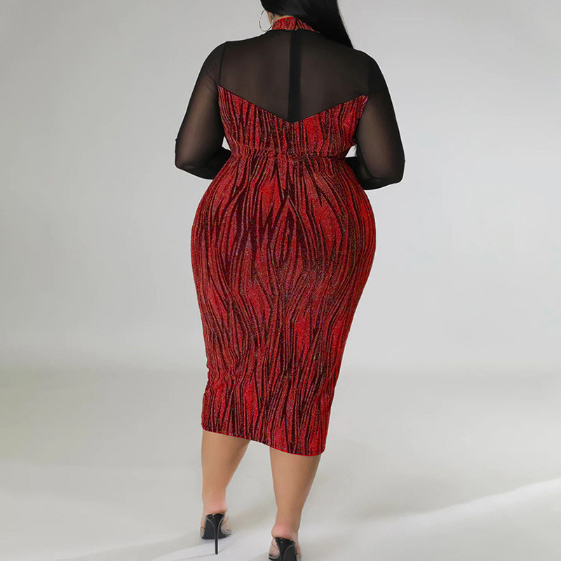 Vakara ballīte Sexy Perspective Splicing Bright Filament A-line svārki Club O-veida kaklam, garām piedurknēm, Slim Midi Bag Lielizmēra gurnu kleita