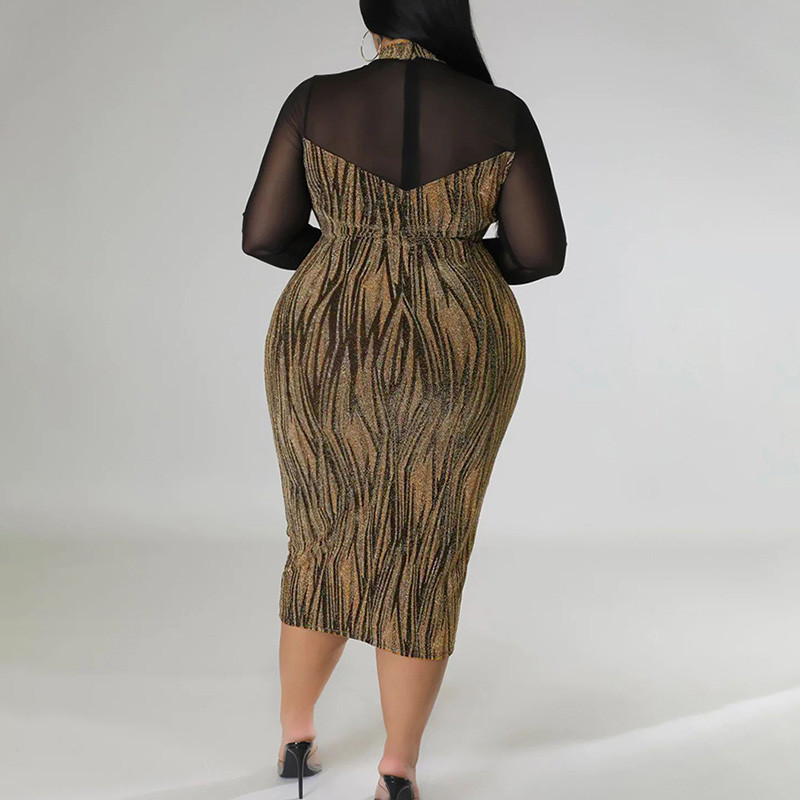 Vakara ballīte Sexy Perspective Splicing Bright Filament A-line svārki Club O-veida kaklam, garām piedurknēm, Slim Midi Bag Lielizmēra gurnu kleita