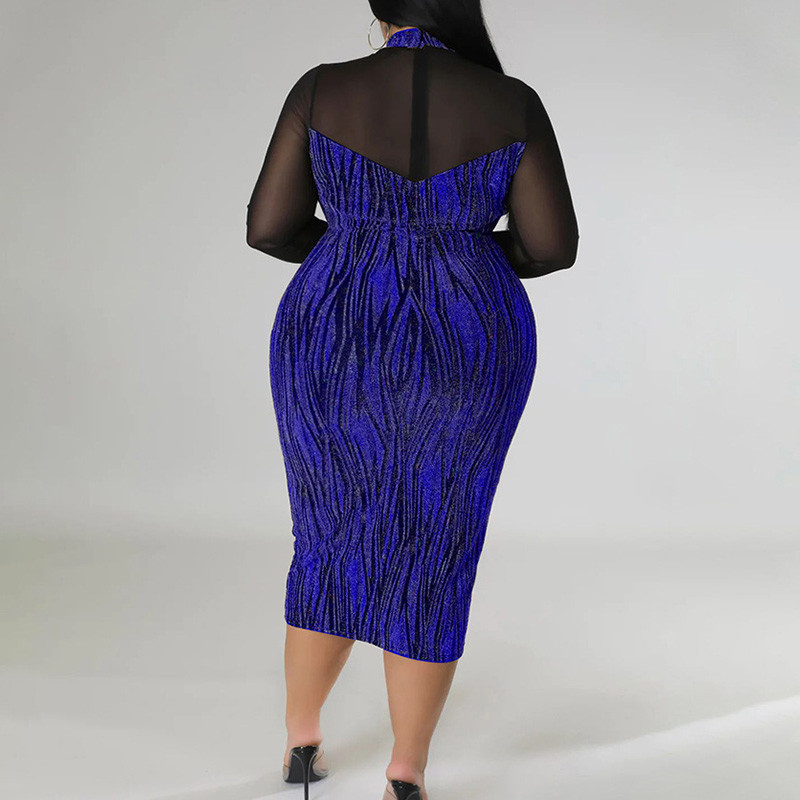 Vakara ballīte Sexy Perspective Splicing Bright Filament A-line svārki Club O-veida kaklam, garām piedurknēm, Slim Midi Bag Lielizmēra gurnu kleita