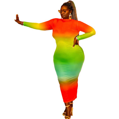 Liela izmēra modes apģērbi Seksīga sieta sieviešu kleita ar bruņurupuci ar garām piedurknēm Bodycon svārki Vintage varavīksnes kaklasaites krāsotas kleitas vairumtirdzniecība