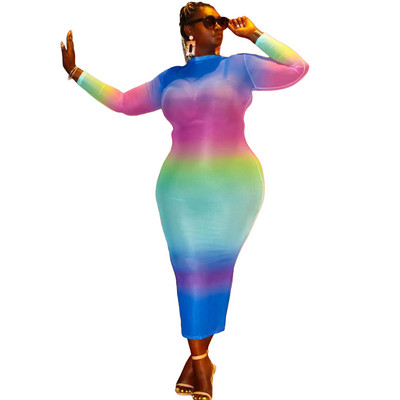 Liela izmēra modes apģērbi Seksīga sieta sieviešu kleita ar bruņurupuci ar garām piedurknēm Bodycon svārki Vintage varavīksnes kaklasaites krāsotas kleitas vairumtirdzniecība