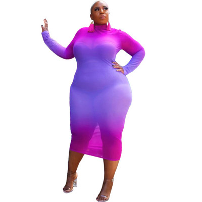 Liela izmēra modes apģērbi Seksīga sieta sieviešu kleita ar bruņurupuci ar garām piedurknēm Bodycon svārki Vintage varavīksnes kaklasaites krāsotas kleitas vairumtirdzniecība