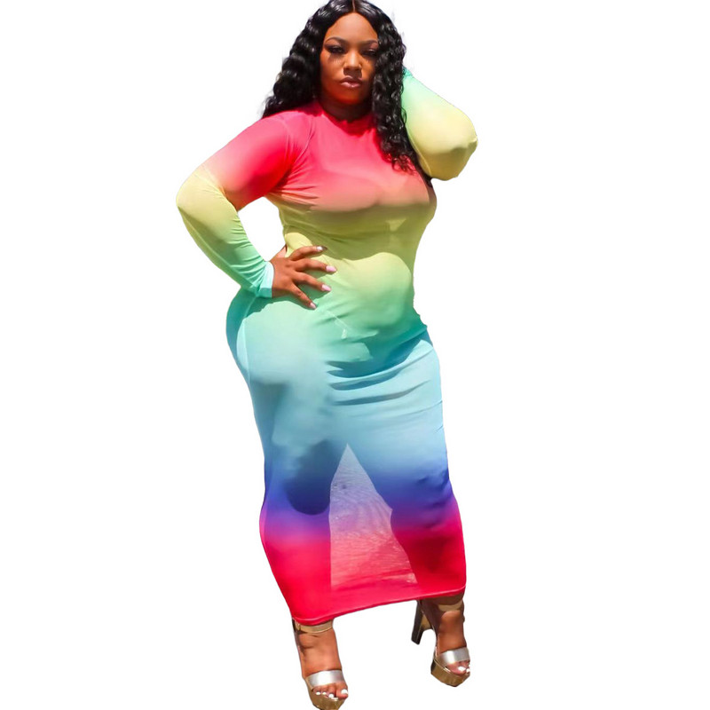 Liela izmēra modes apģērbi Seksīga sieta sieviešu kleita ar bruņurupuci ar garām piedurknēm Bodycon svārki Vintage varavīksnes kaklasaites krāsotas kleitas vairumtirdzniecība