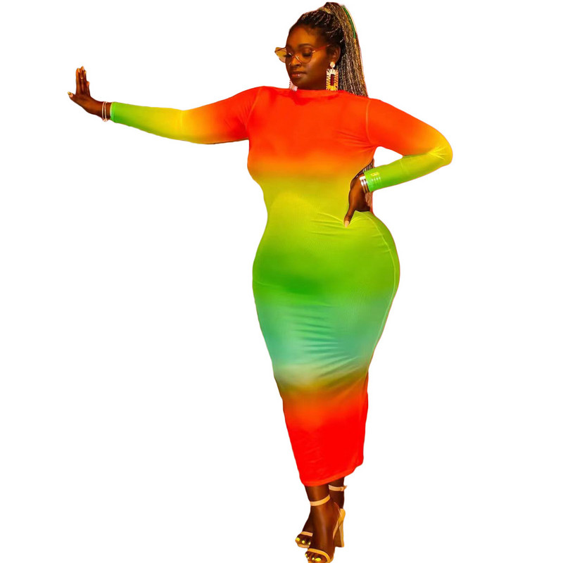 Liela izmēra modes apģērbi Seksīga sieta sieviešu kleita ar bruņurupuci ar garām piedurknēm Bodycon svārki Vintage varavīksnes kaklasaites krāsotas kleitas vairumtirdzniecība