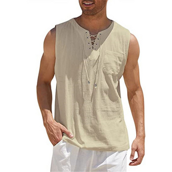 Извънгабаритни S-5XL Мъжки свободни памучни ленени жилетки Летни мъжки тениски без ръкави с дантелен джоб, плътни мъжки тениски NMD-978#