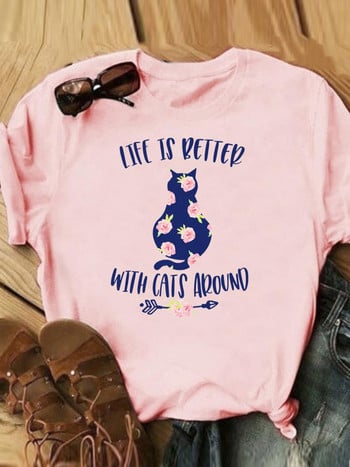 Γράμμα Cat Lovely Style Trend Casual Tee Γυναικεία Καλοκαιρινή Μόδα Κοντό μανίκι εμπριμέ Γυναικεία ρούχα Γραφικά μπλουζάκια