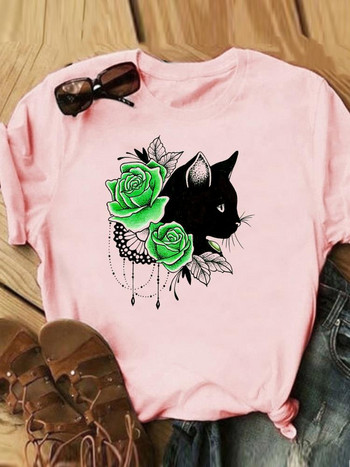 Γράμμα Cat Lovely Style Trend Casual Tee Γυναικεία Καλοκαιρινή Μόδα Κοντό μανίκι εμπριμέ Γυναικεία ρούχα Γραφικά μπλουζάκια