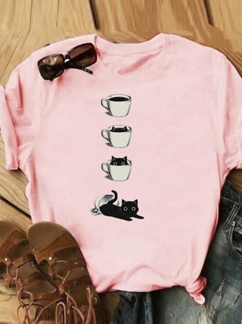 Γράμμα Cat Lovely Style Trend Casual Tee Γυναικεία Καλοκαιρινή Μόδα Κοντό μανίκι εμπριμέ Γυναικεία ρούχα Γραφικά μπλουζάκια