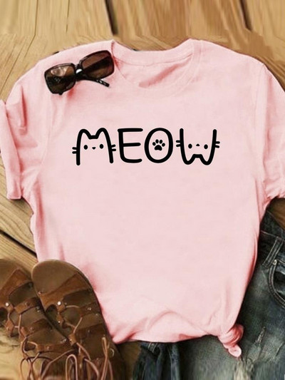 Γράμμα Cat Lovely Style Trend Casual Tee Γυναικεία Καλοκαιρινή Μόδα Κοντό μανίκι εμπριμέ Γυναικεία ρούχα Γραφικά μπλουζάκια