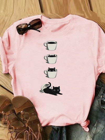 Γράμμα Cat Lovely Style Trend Casual Tee Γυναικεία Καλοκαιρινή Μόδα Κοντό μανίκι εμπριμέ Γυναικεία ρούχα Γραφικά μπλουζάκια