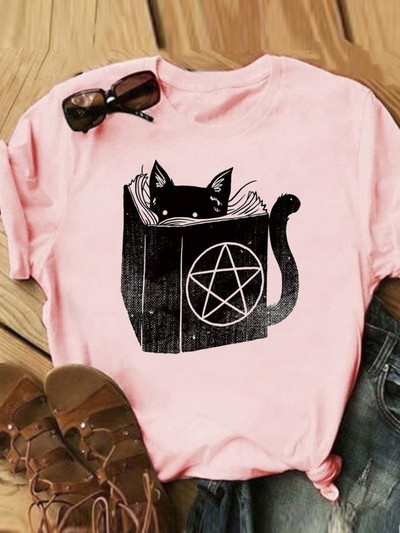 Γράμμα Cat Lovely Style Trend Casual Tee Γυναικεία Καλοκαιρινή Μόδα Κοντό μανίκι εμπριμέ Γυναικεία ρούχα Γραφικά μπλουζάκια