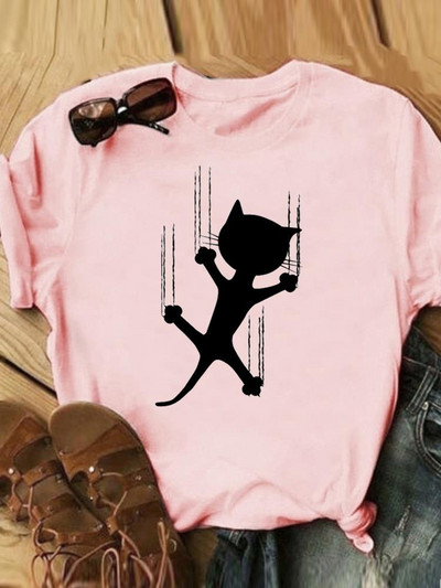 Γράμμα Cat Lovely Style Trend Casual Tee Γυναικεία Καλοκαιρινή Μόδα Κοντό μανίκι εμπριμέ Γυναικεία ρούχα Γραφικά μπλουζάκια