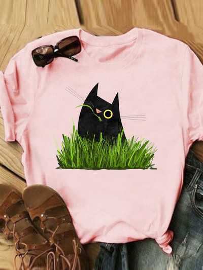 Γράμμα Cat Lovely Style Trend Casual Tee Γυναικεία Καλοκαιρινή Μόδα Κοντό μανίκι εμπριμέ Γυναικεία ρούχα Γραφικά μπλουζάκια