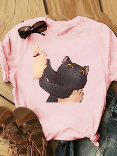 Γράμμα Cat Lovely Style Trend Casual Tee Γυναικεία Καλοκαιρινή Μόδα Κοντό μανίκι εμπριμέ Γυναικεία ρούχα Γραφικά μπλουζάκια