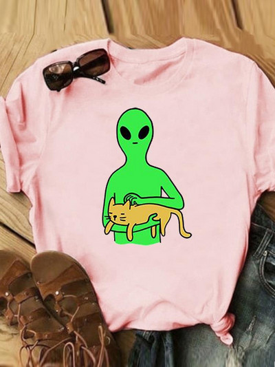 Γράμμα Cat Lovely Style Trend Casual Tee Γυναικεία Καλοκαιρινή Μόδα Κοντό μανίκι εμπριμέ Γυναικεία ρούχα Γραφικά μπλουζάκια