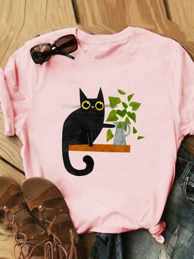 Γράμμα Cat Lovely Style Trend Casual Tee Γυναικεία Καλοκαιρινή Μόδα Κοντό μανίκι εμπριμέ Γυναικεία ρούχα Γραφικά μπλουζάκια