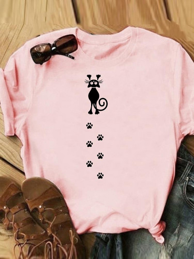 Γράμμα Cat Lovely Style Trend Casual Tee Γυναικεία Καλοκαιρινή Μόδα Κοντό μανίκι εμπριμέ Γυναικεία ρούχα Γραφικά μπλουζάκια
