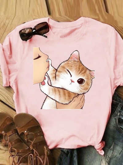 Γράμμα Cat Lovely Style Trend Casual Tee Γυναικεία Καλοκαιρινή Μόδα Κοντό μανίκι εμπριμέ Γυναικεία ρούχα Γραφικά μπλουζάκια