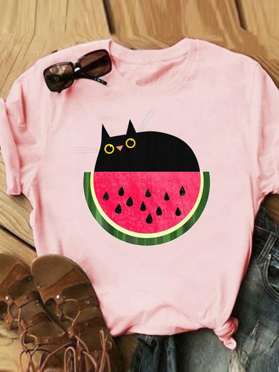 Γράμμα Cat Lovely Style Trend Casual Tee Γυναικεία Καλοκαιρινή Μόδα Κοντό μανίκι εμπριμέ Γυναικεία ρούχα Γραφικά μπλουζάκια