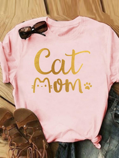 Γράμμα Cat Lovely Style Trend Casual Tee Γυναικεία Καλοκαιρινή Μόδα Κοντό μανίκι εμπριμέ Γυναικεία ρούχα Γραφικά μπλουζάκια