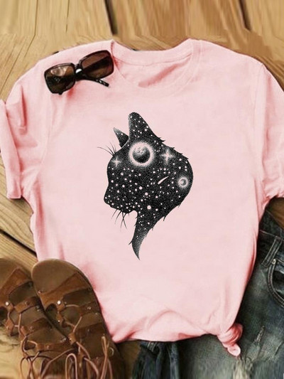 Γράμμα Cat Lovely Style Trend Casual Tee Γυναικεία Καλοκαιρινή Μόδα Κοντό μανίκι εμπριμέ Γυναικεία ρούχα Γραφικά μπλουζάκια