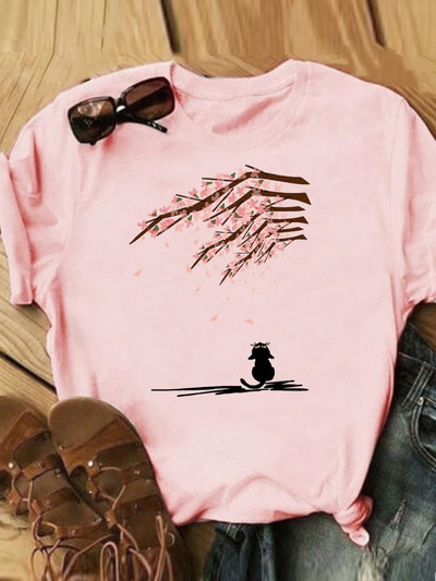 Γράμμα Cat Lovely Style Trend Casual Tee Γυναικεία Καλοκαιρινή Μόδα Κοντό μανίκι εμπριμέ Γυναικεία ρούχα Γραφικά μπλουζάκια