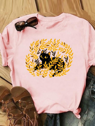 Γράμμα Cat Lovely Style Trend Casual Tee Γυναικεία Καλοκαιρινή Μόδα Κοντό μανίκι εμπριμέ Γυναικεία ρούχα Γραφικά μπλουζάκια