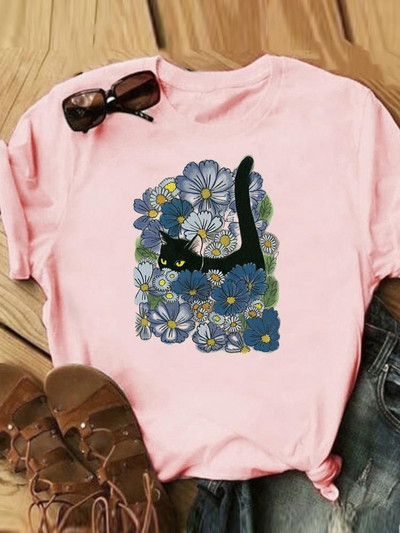 Γράμμα Cat Lovely Style Trend Casual Tee Γυναικεία Καλοκαιρινή Μόδα Κοντό μανίκι εμπριμέ Γυναικεία ρούχα Γραφικά μπλουζάκια