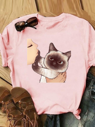 Γράμμα Cat Lovely Style Trend Casual Tee Γυναικεία Καλοκαιρινή Μόδα Κοντό μανίκι εμπριμέ Γυναικεία ρούχα Γραφικά μπλουζάκια
