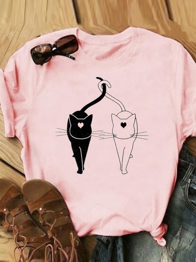 Γράμμα Cat Lovely Style Trend Casual Tee Γυναικεία Καλοκαιρινή Μόδα Κοντό μανίκι εμπριμέ Γυναικεία ρούχα Γραφικά μπλουζάκια