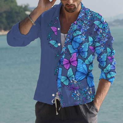 Cămăși fluture hawaiene 2022 pentru bărbați Cămașă cu mânecă lungă cu flori 3D Bluză de plajă Topuri supradimensionate Tricou Homme Îmbrăcăminte de vară