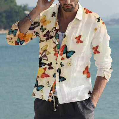 Cămăși fluture hawaiene 2022 pentru bărbați Cămașă cu mânecă lungă cu flori 3D Bluză de plajă Topuri supradimensionate Tricou Homme Îmbrăcăminte de vară