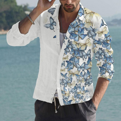 Cămăși fluture hawaiene 2022 pentru bărbați Cămașă cu mânecă lungă cu flori 3D Bluză de plajă Topuri supradimensionate Tricou Homme Îmbrăcăminte de vară