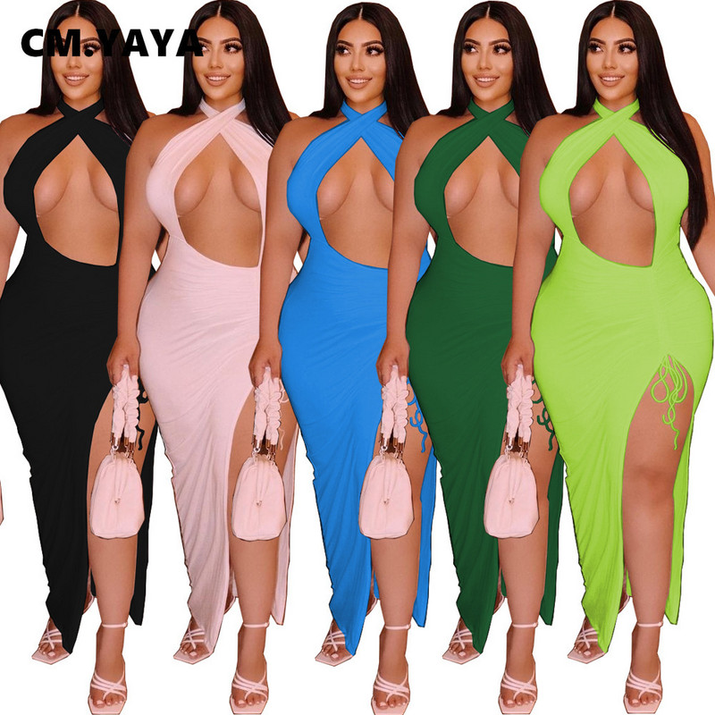 CM.YAYA Didelio dydžio moteriškos apynasriu kaklu, aukštai šonuose, iškirptomis, didokomis suknelėmis.