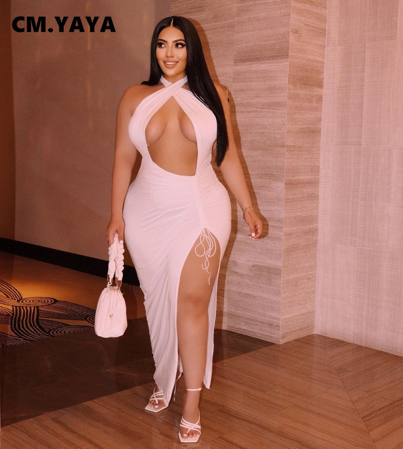 CM.YAYA Didelio dydžio moteriškos apynasriu kaklu, aukštai šonuose, iškirptomis, didokomis suknelėmis.