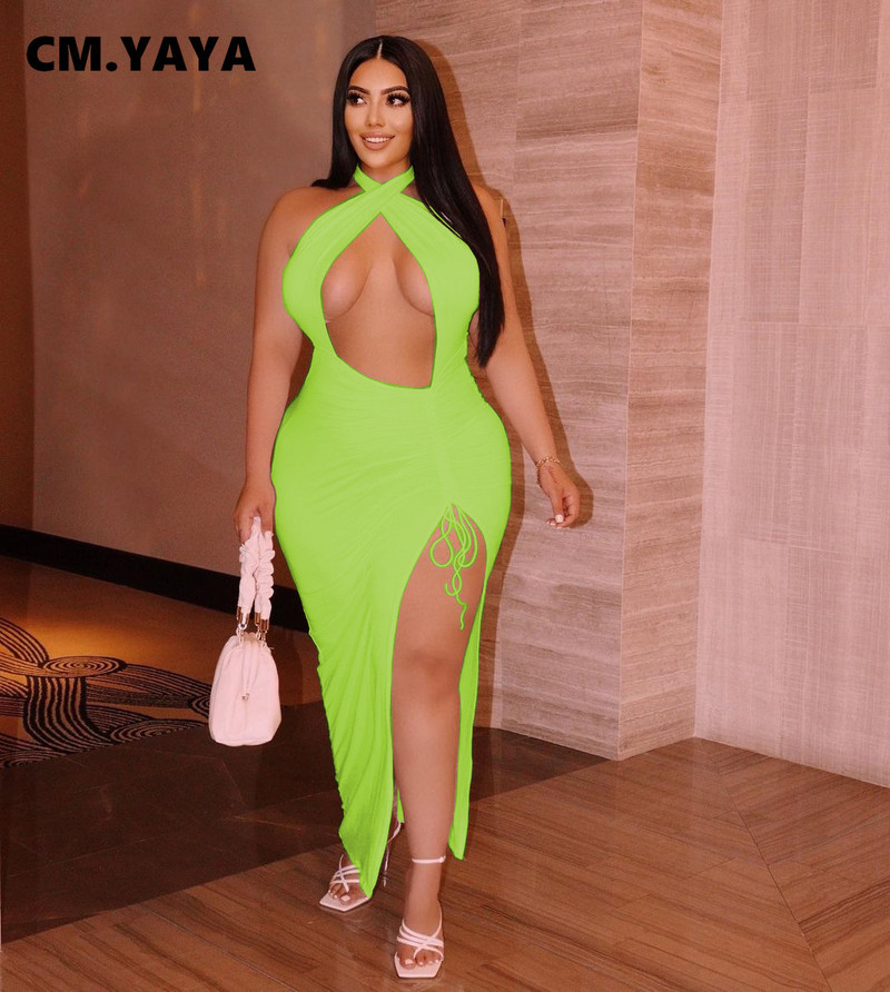 CM.YAYA Didelio dydžio moteriškos apynasriu kaklu, aukštai šonuose, iškirptomis, didokomis suknelėmis.